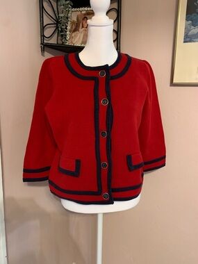 Talbots Red Sweater with Navy Trim classic beauty old money tailored quality